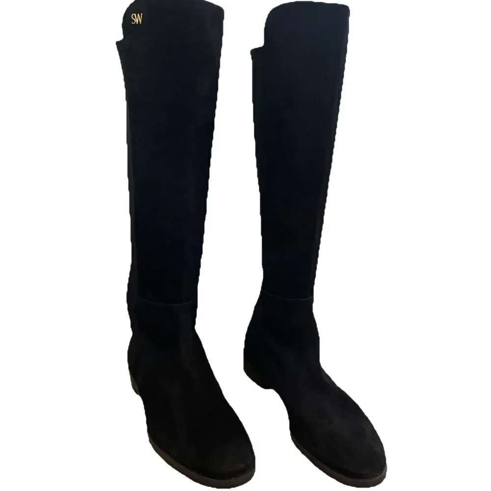 New Stuart Weitzman 5050 Black Suede Iconic Over The Knee Stretch Boots NEW Size